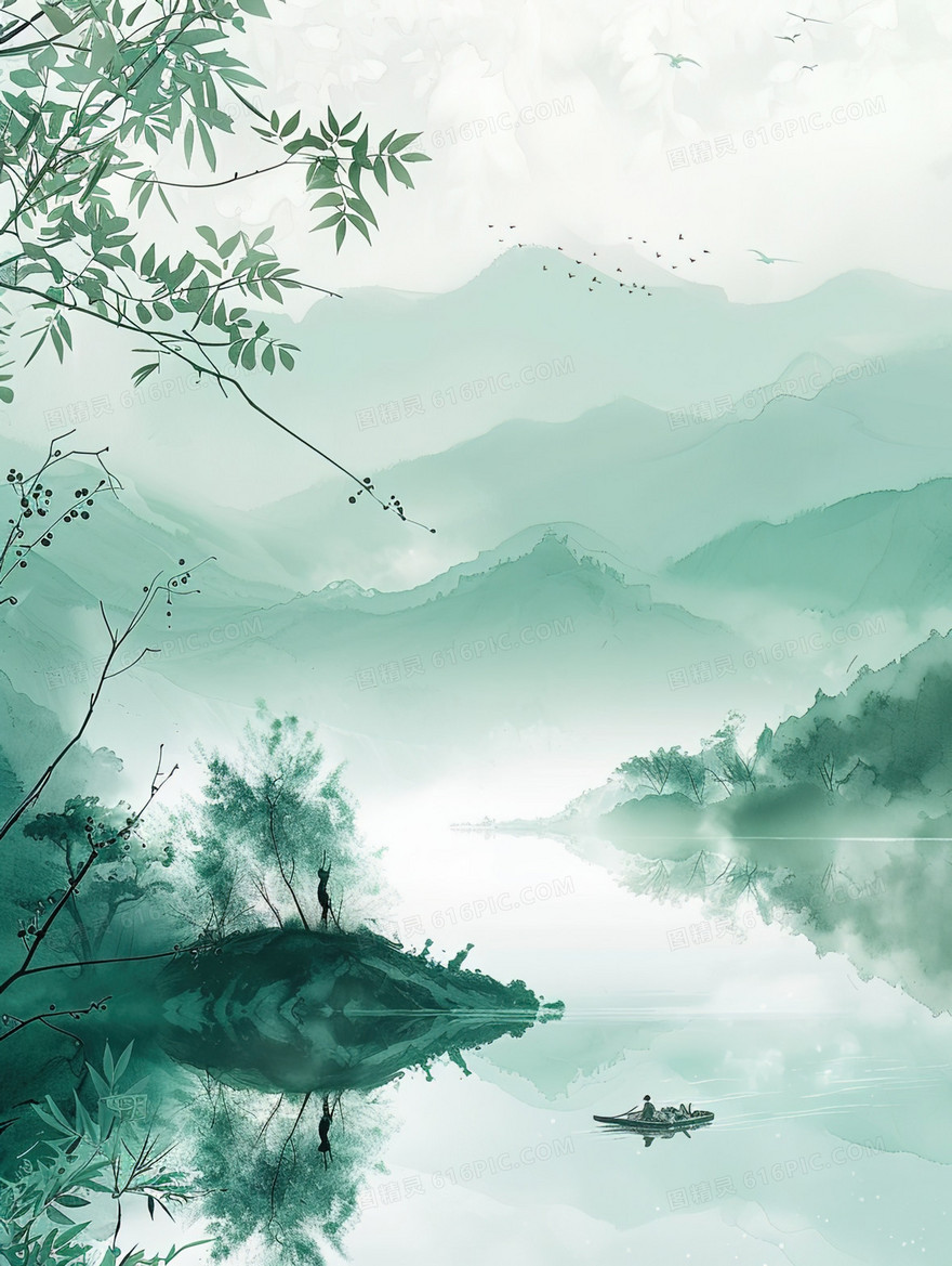 春天丛山河流上的小船插画