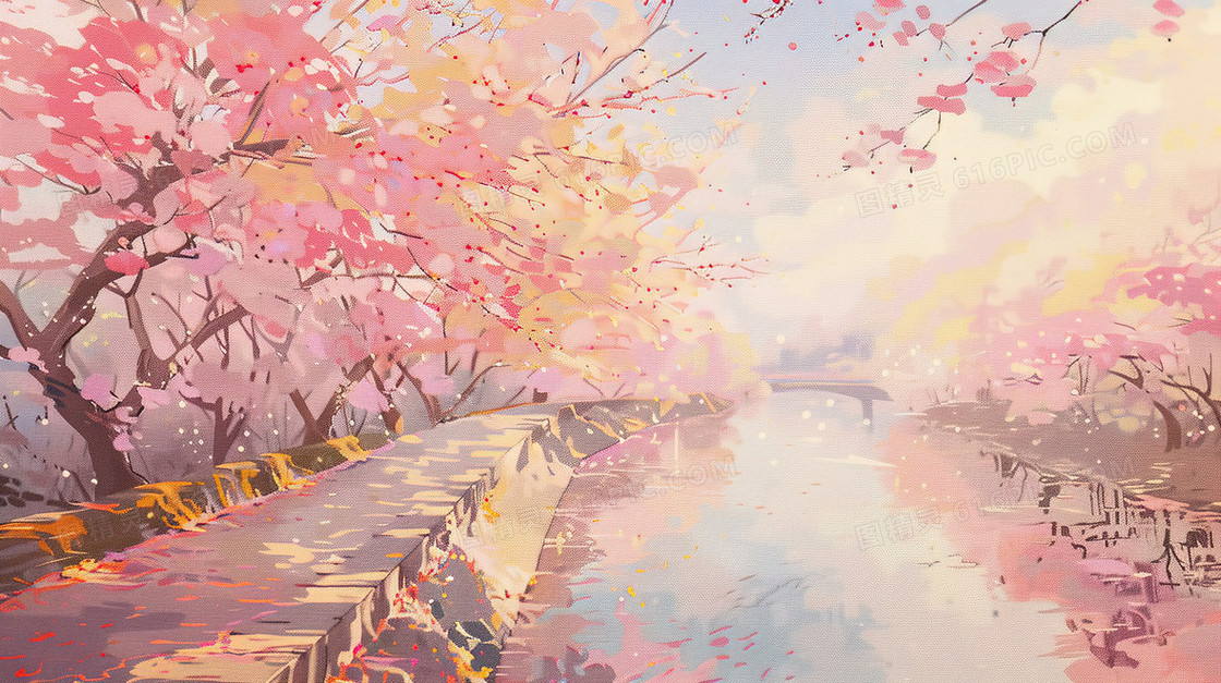 春天盛开的粉色樱花树插画