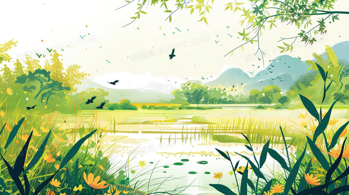 细雨中的草丛小水潭插画