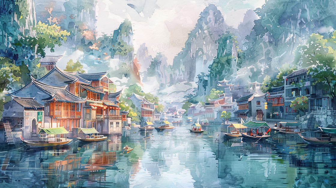 山谷河流边的古建筑群插画