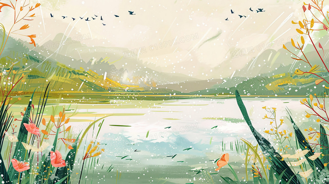 细雨中的草丛小水潭插画