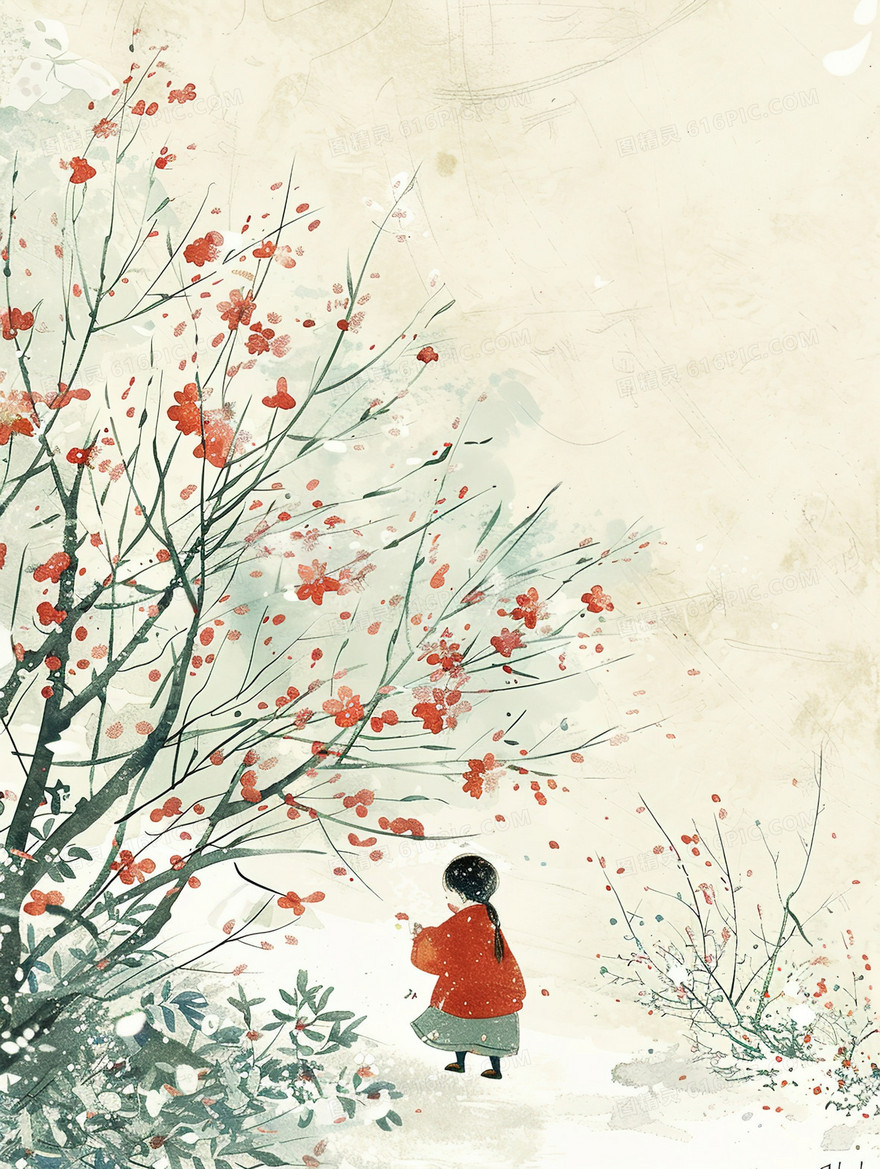 桃花树下的玩耍的小孩插画