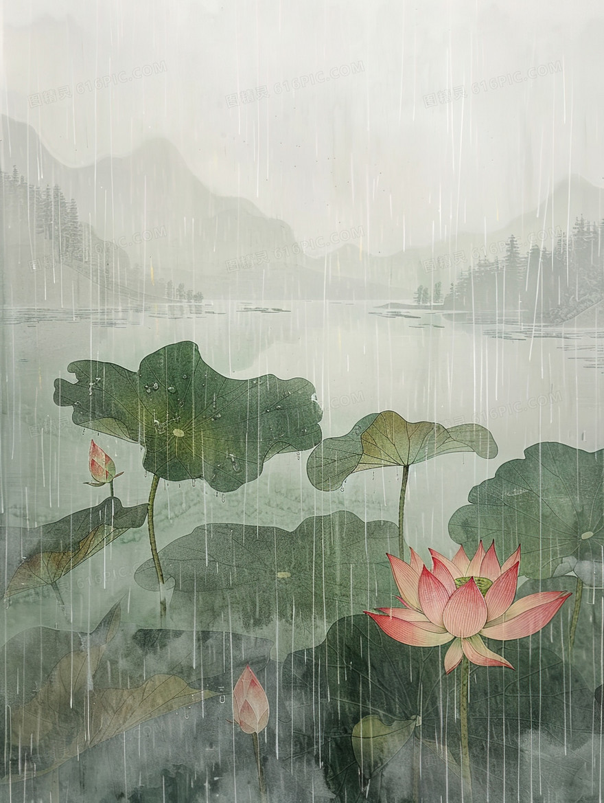 细雨中的荷塘插画