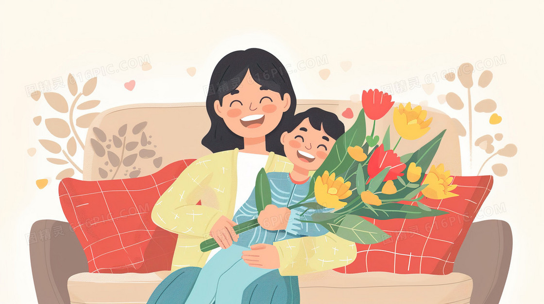 沙发上抱着孩子拿着一束花的母亲插画