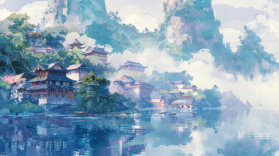 高山云雾中的亭台楼阁插画