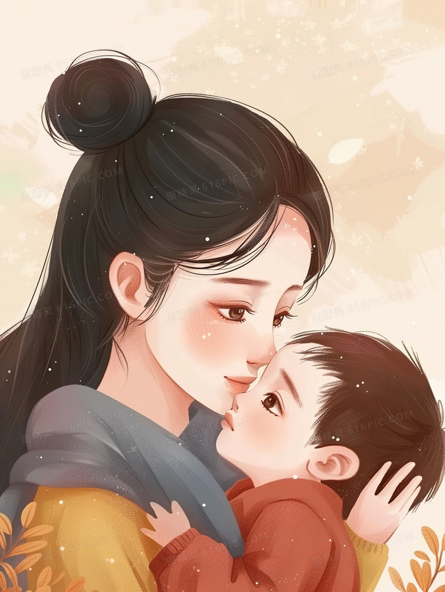 母亲抱着孩子温馨场景插画