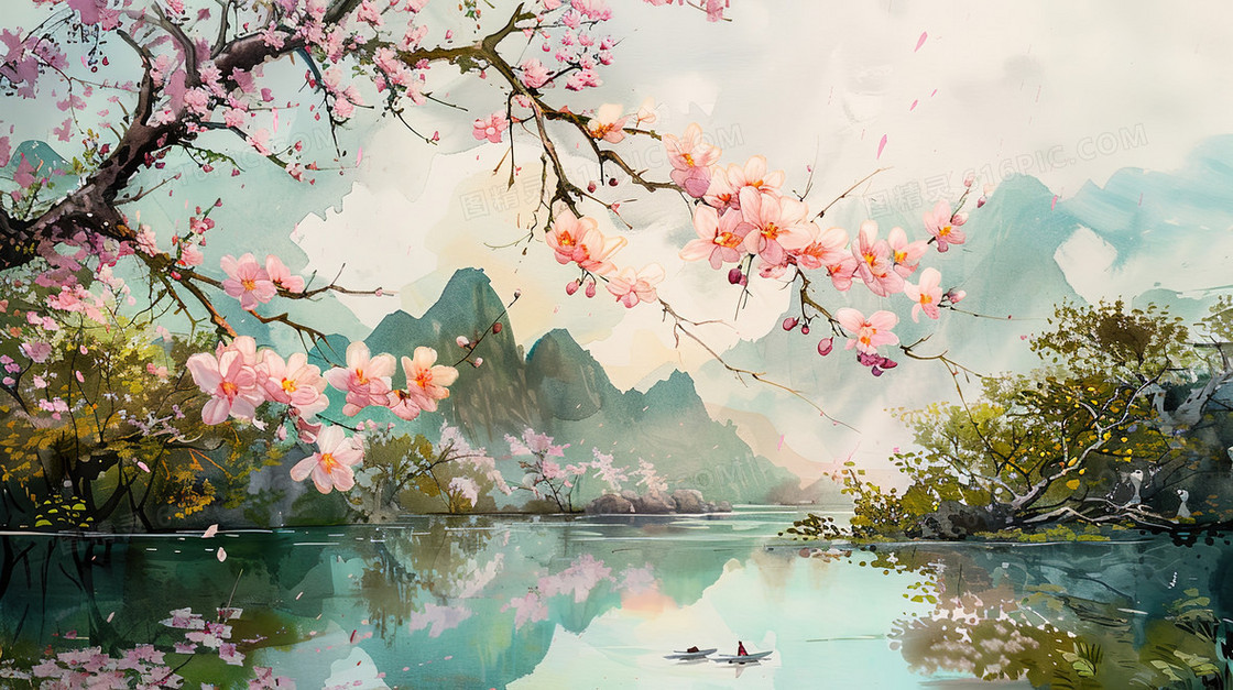 春天山野里盛开的樱花树插画