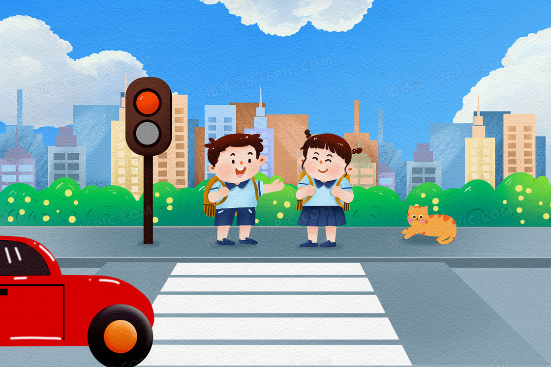 彩色卡通手绘小朋友过马路交通安全插画