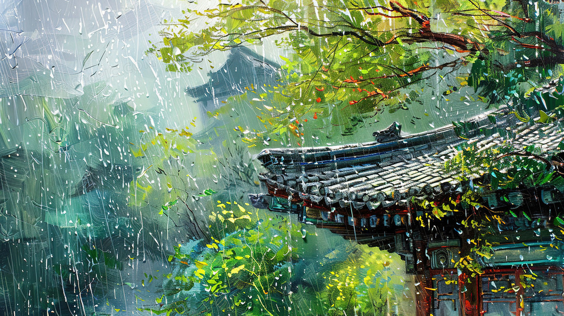 雨中的古镇一角插画