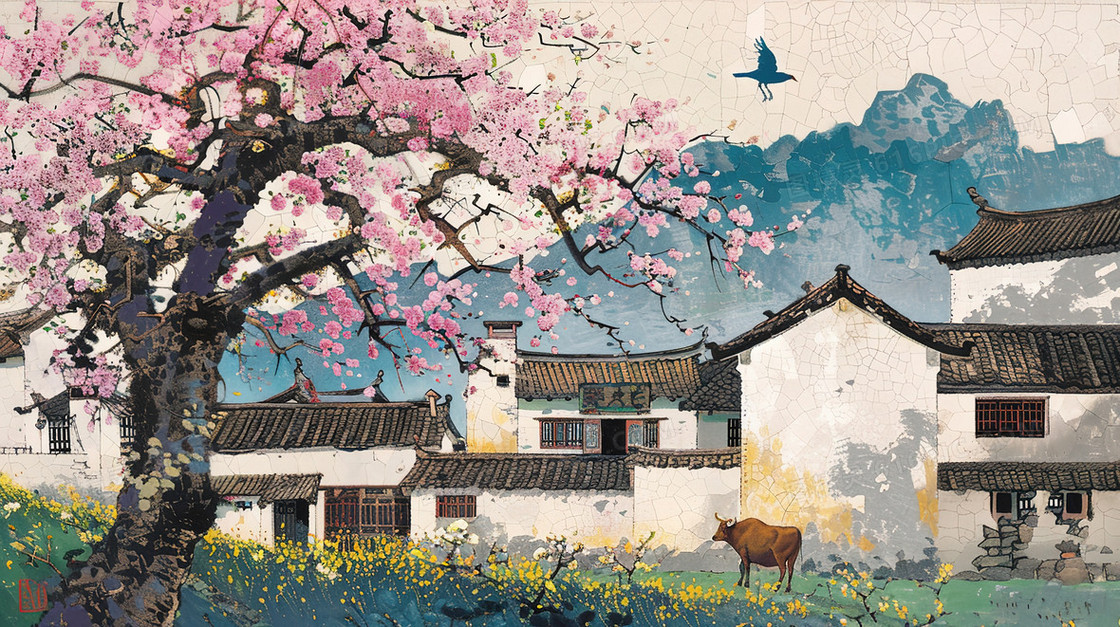春天樱花盛开的村庄插画