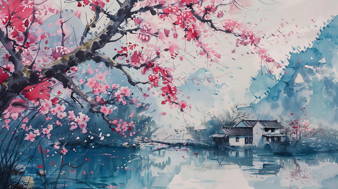 春天山野里盛开的樱花树插画