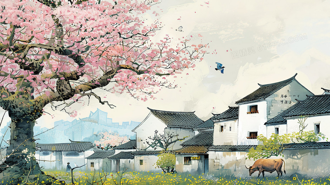 春天樱花盛开的村庄插画