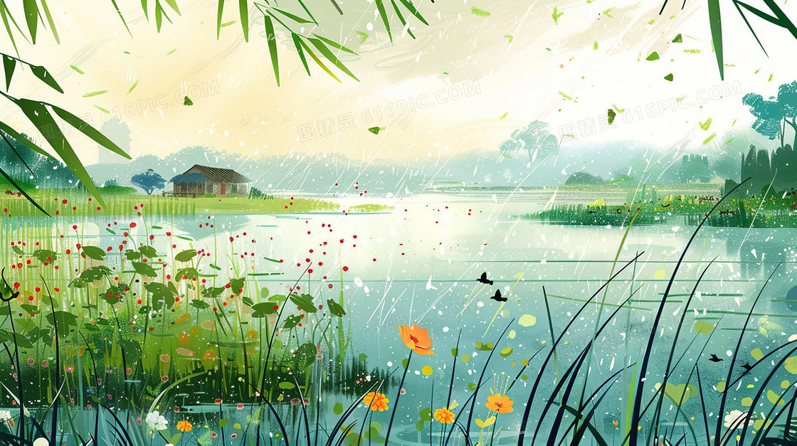 细雨中山野湖边小房子插画