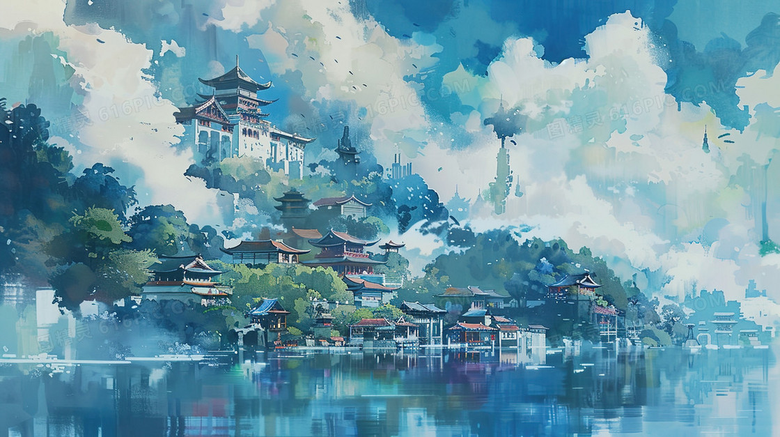 高山云雾中的亭台楼阁插画