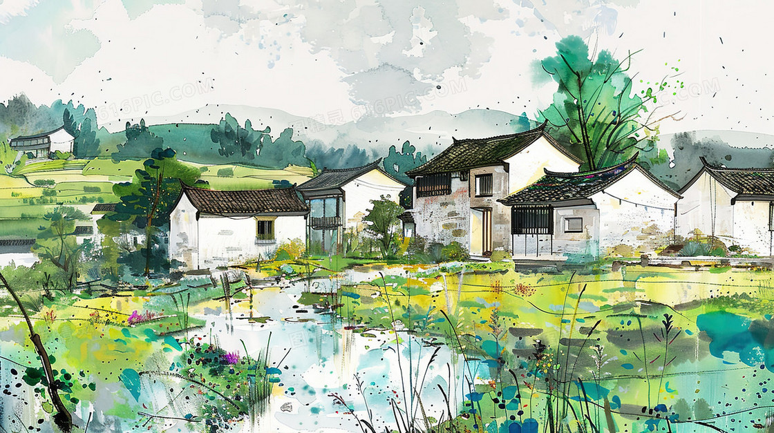 春天山野平原上的小村庄插画