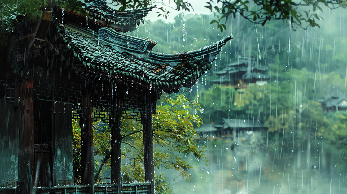 雨中的古镇一角插画