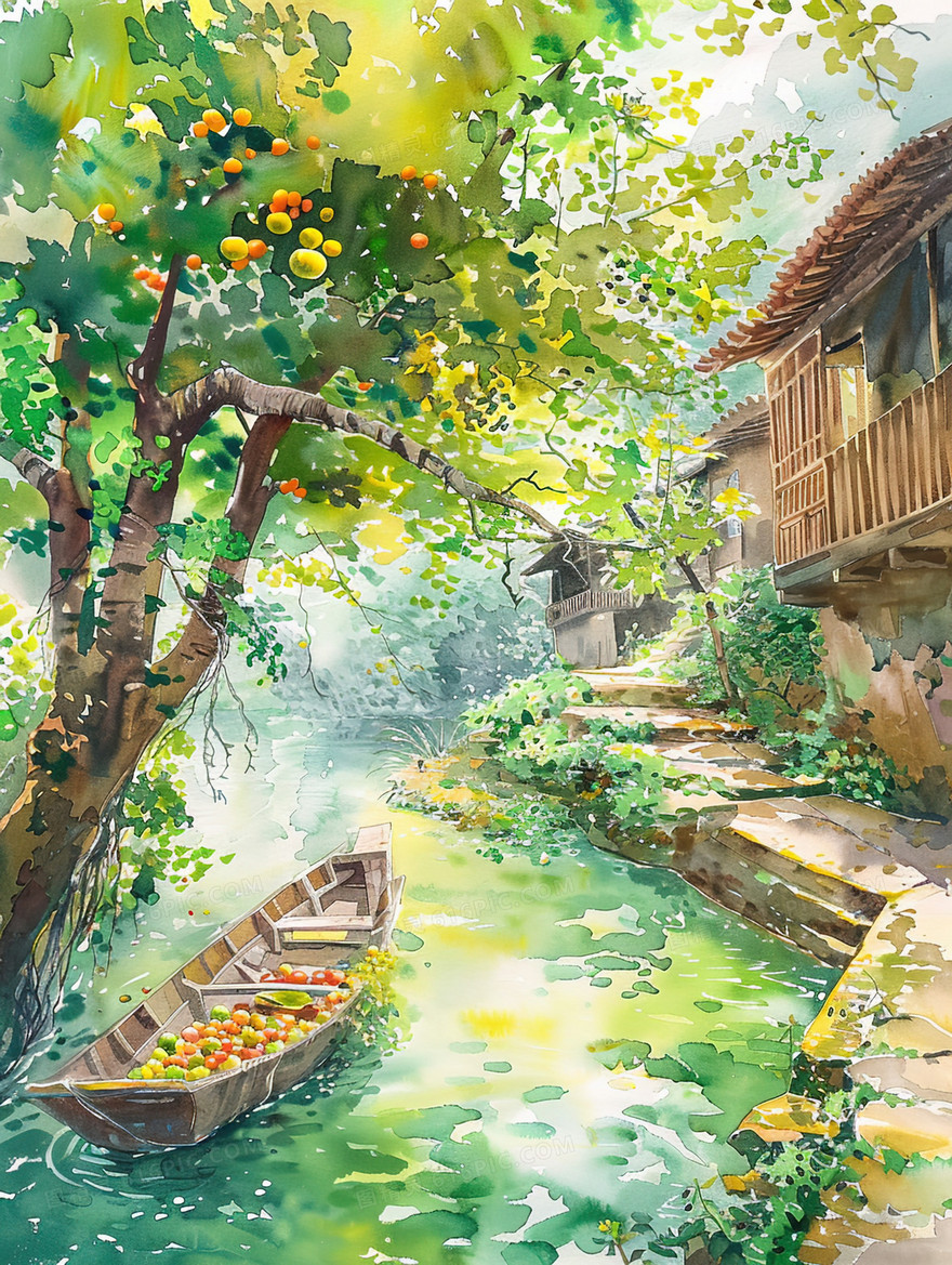 夏季古镇河面停放的小船插画