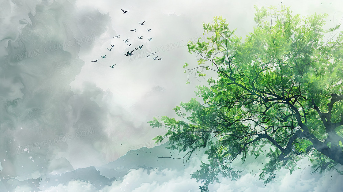 高耸入云的山峰上的一棵大树插画