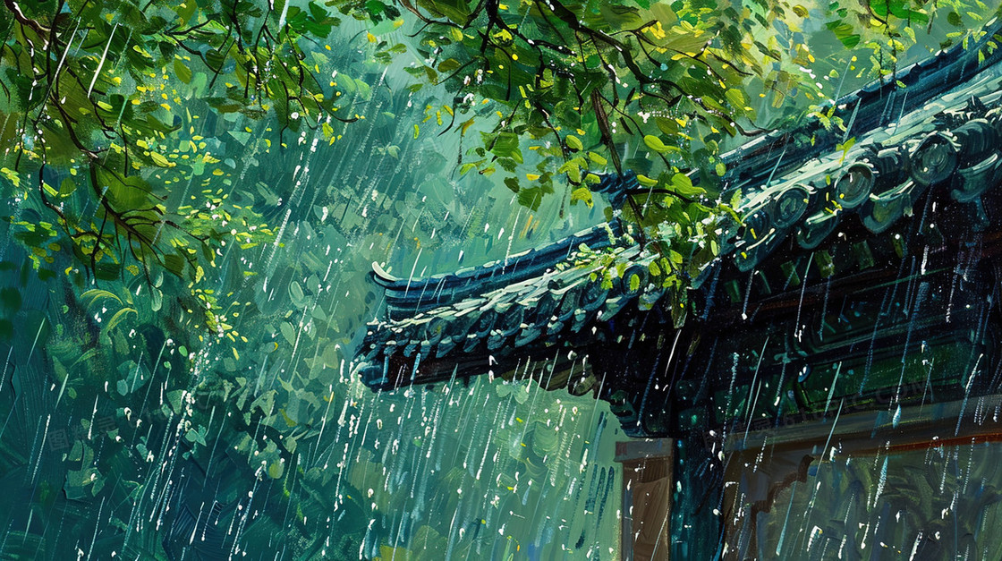 雨中的古镇一角插画