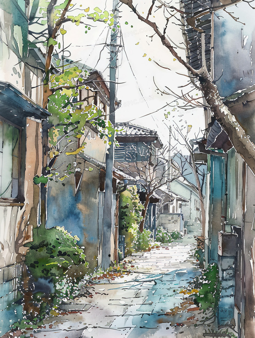 夏日古镇旧巷一角插画