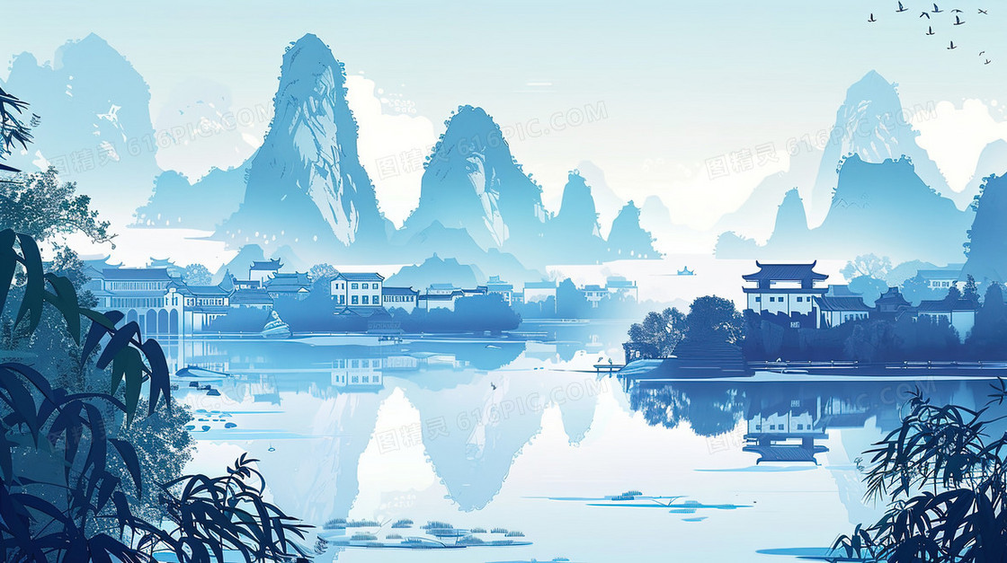 山谷江河边的古镇古建筑插画