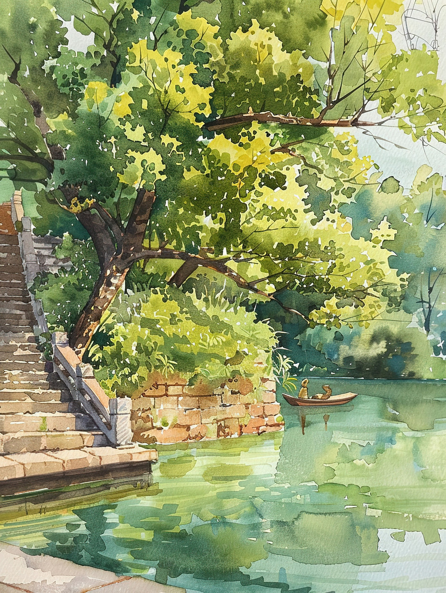 夏季古镇河面停放的小船插画