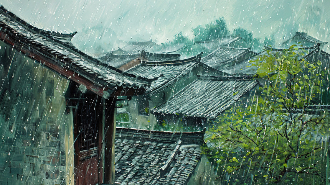 雨中的古镇一角插画