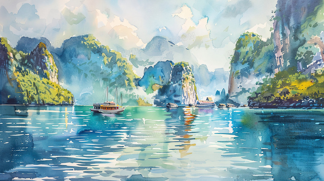 丛山江河中的船只插画