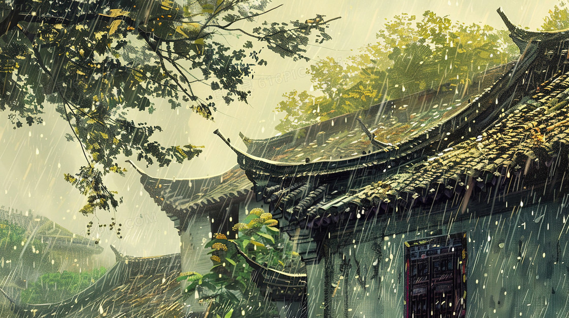 雨中的古镇一角插画