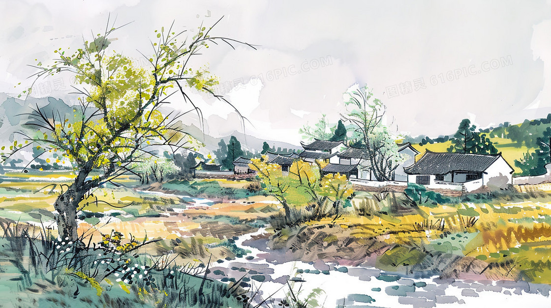 春天山野平原上的小村庄插画