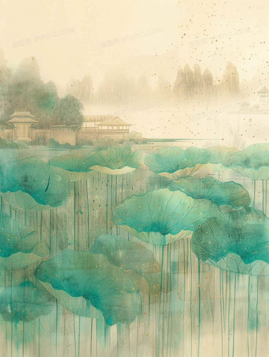 细雨中的荷塘插画