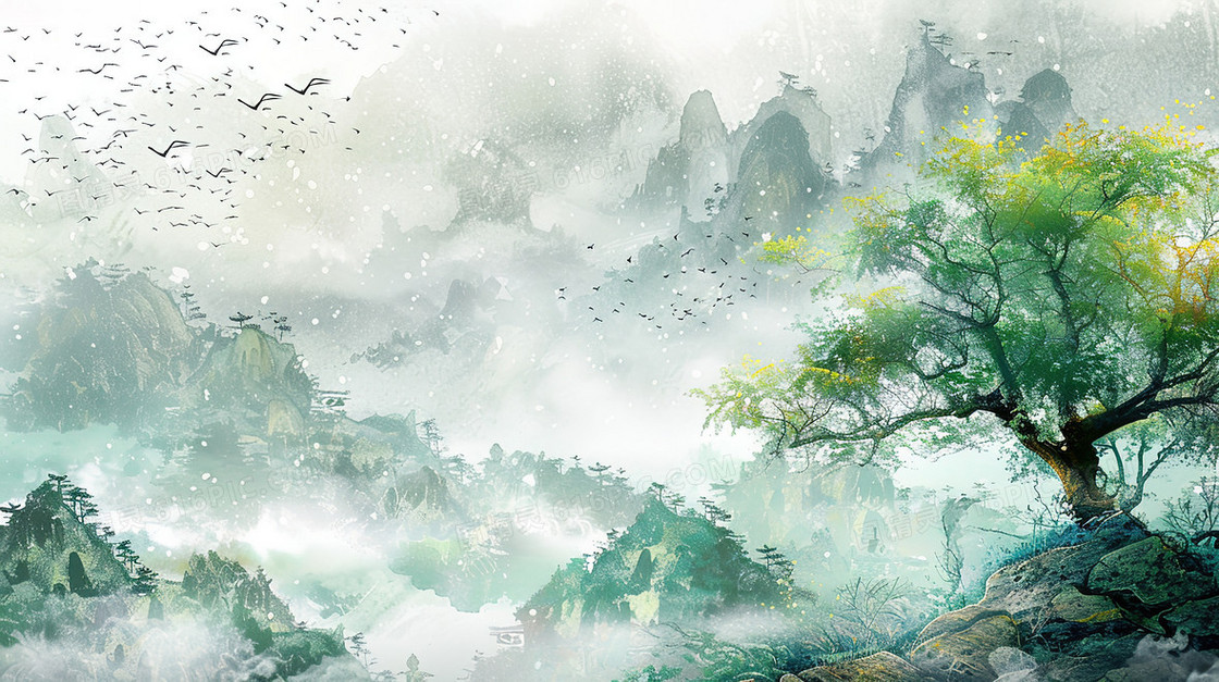 高耸入云的山峰上的一棵大树插画