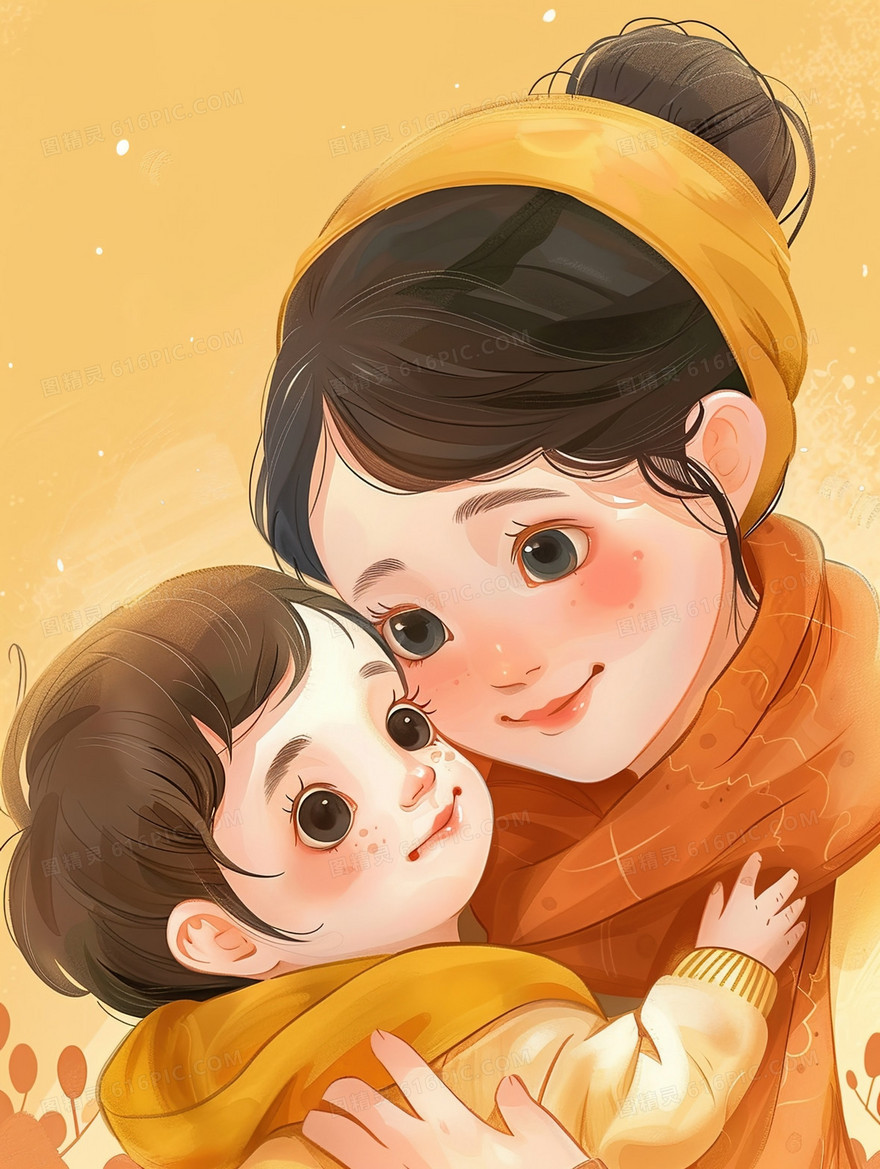 母亲抱着孩子温馨场景插画