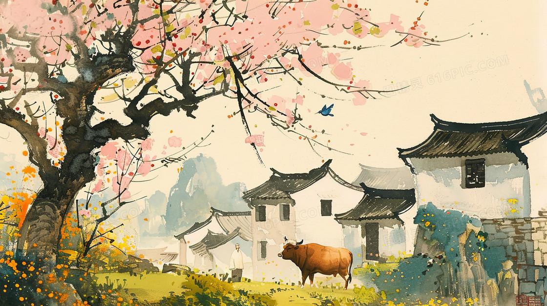 春天樱花盛开的村庄插画