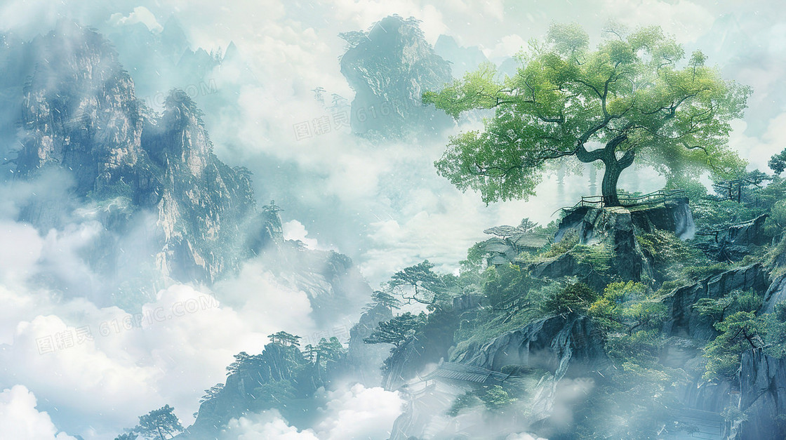 高耸入云的山峰上的一棵大树插画