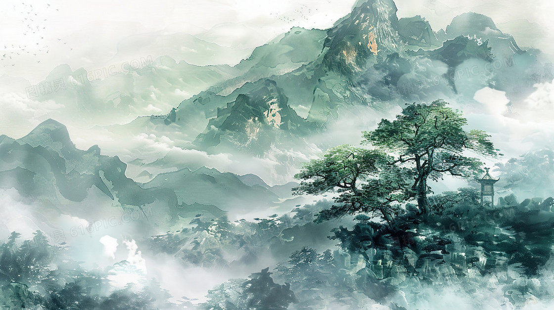 高耸入云的山峰上的一棵大树插画