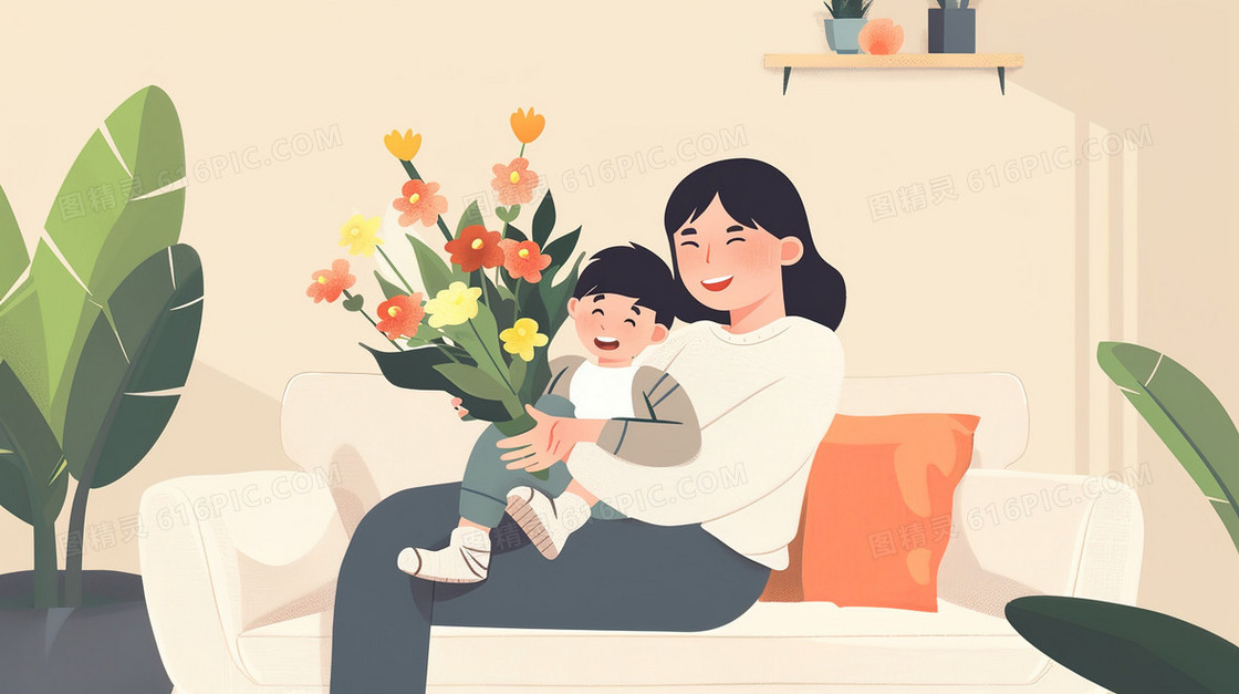 沙发上抱着孩子拿着一束花的母亲插画