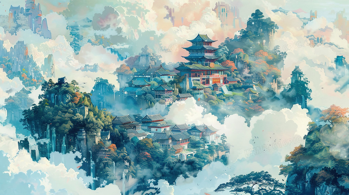 高山云雾中的亭台楼阁插画