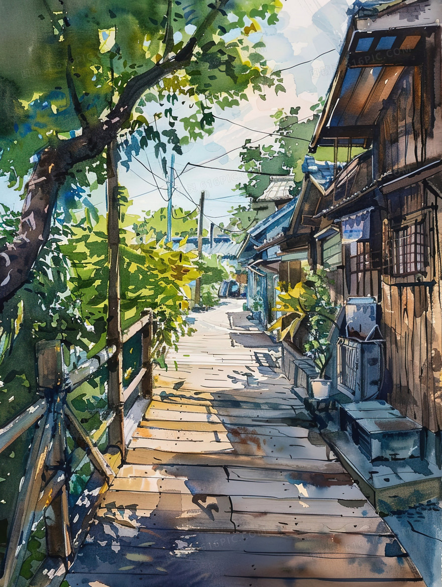 夏日古镇旧巷一角插画
