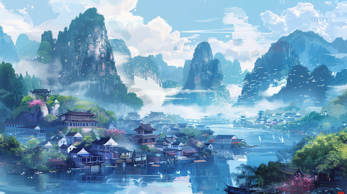 山谷江河边的古镇古建筑插画