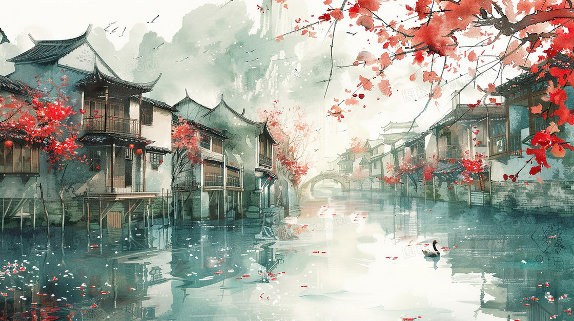 红桃花盛开的江南水乡插画