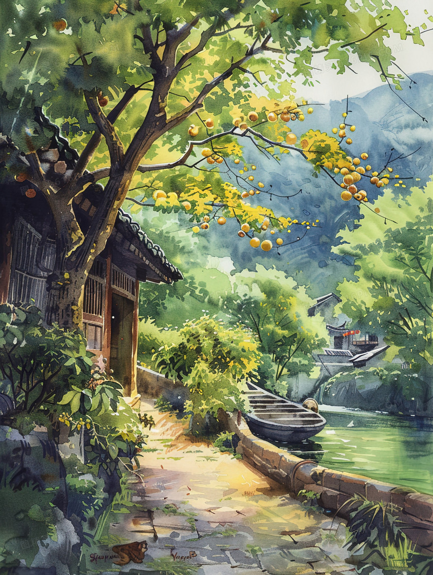 夏季古镇河面停放的小船插画