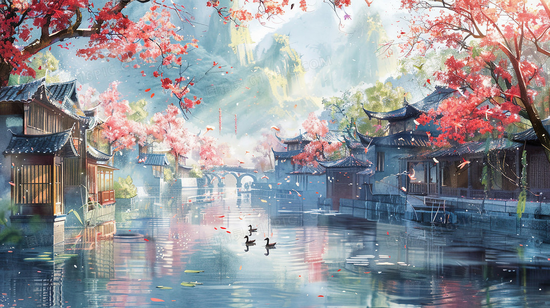 红桃花盛开的江南水乡插画