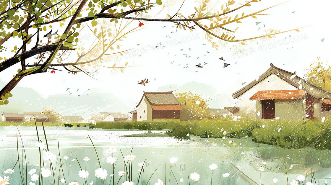 细雨中山野湖边小房子插画