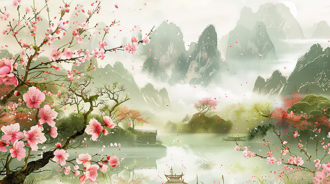 春天山野里盛开的樱花树插画