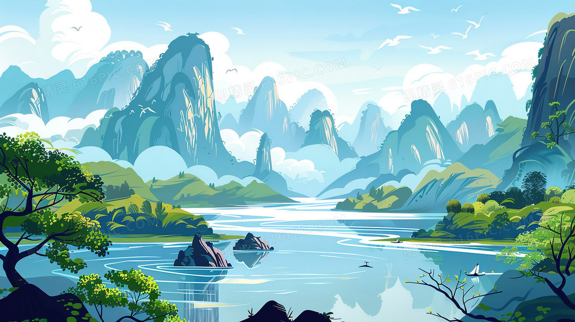 春天山谷群山中的河流插画