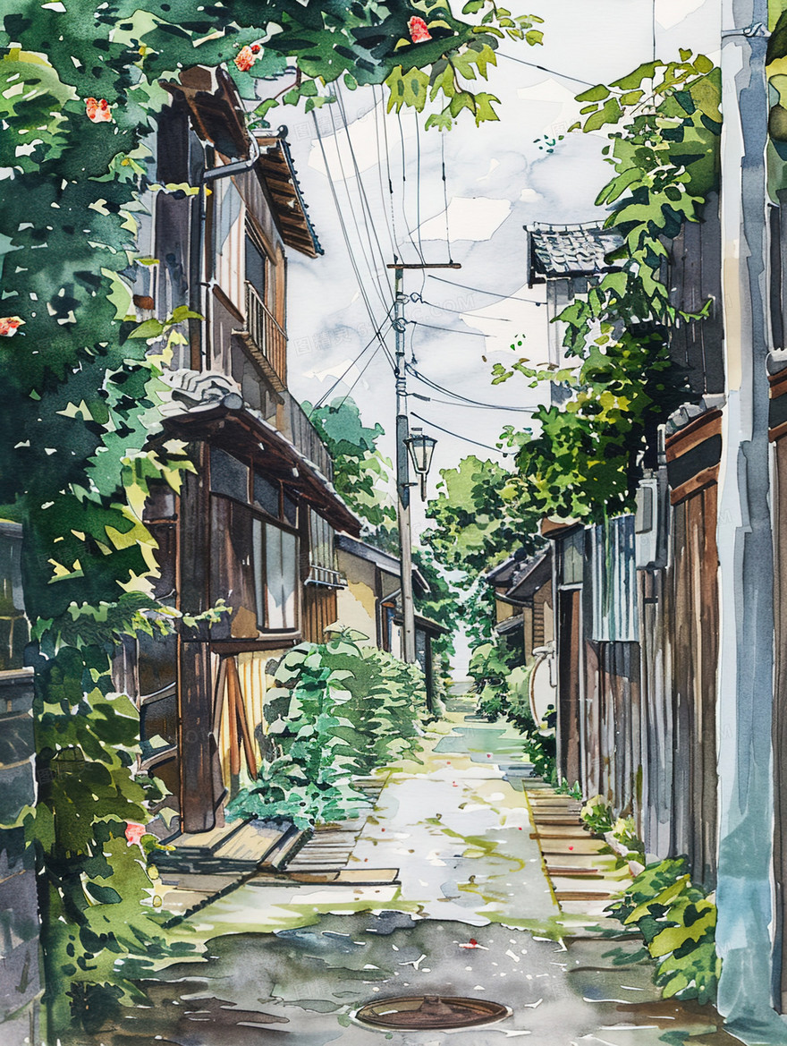 夏日古镇旧巷一角插画