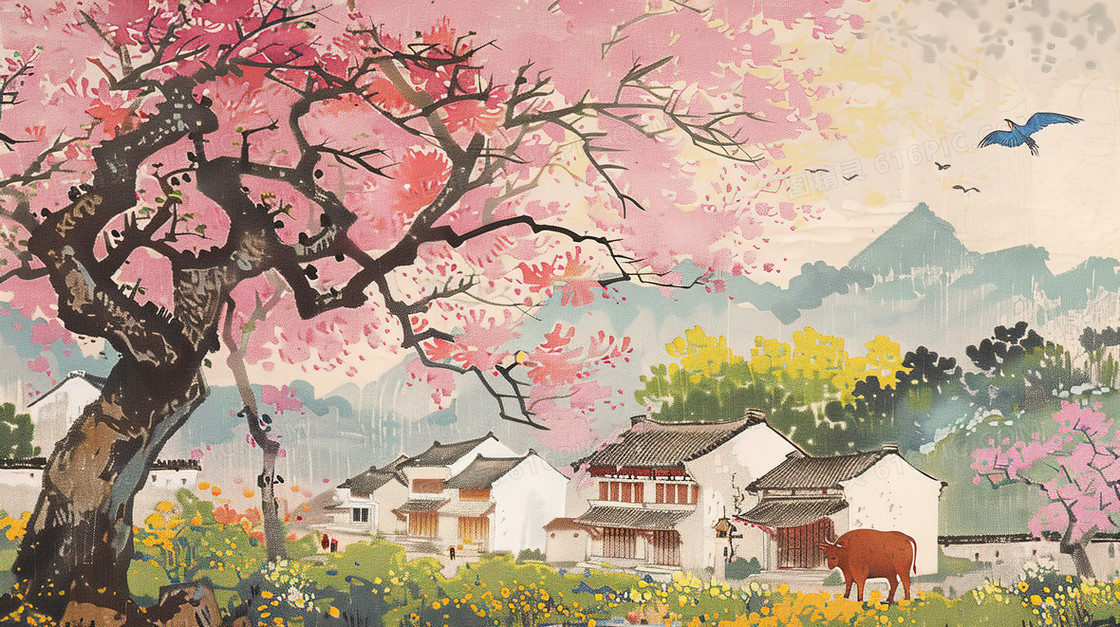 春天樱花盛开的村庄插画