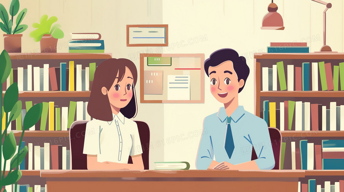 办公室里女职员跟男职员讨论工作插画