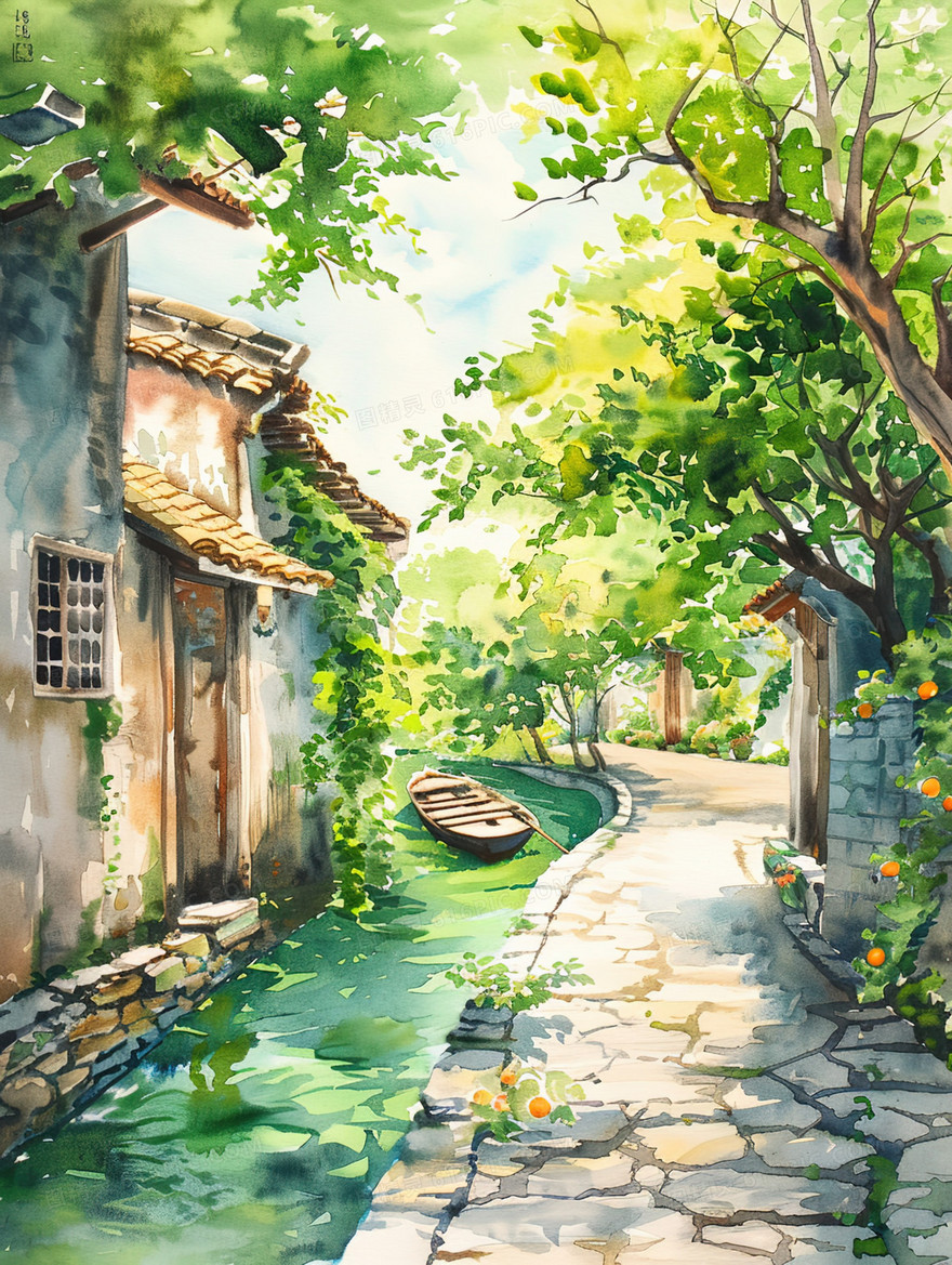 夏季古镇河面停放的小船插画